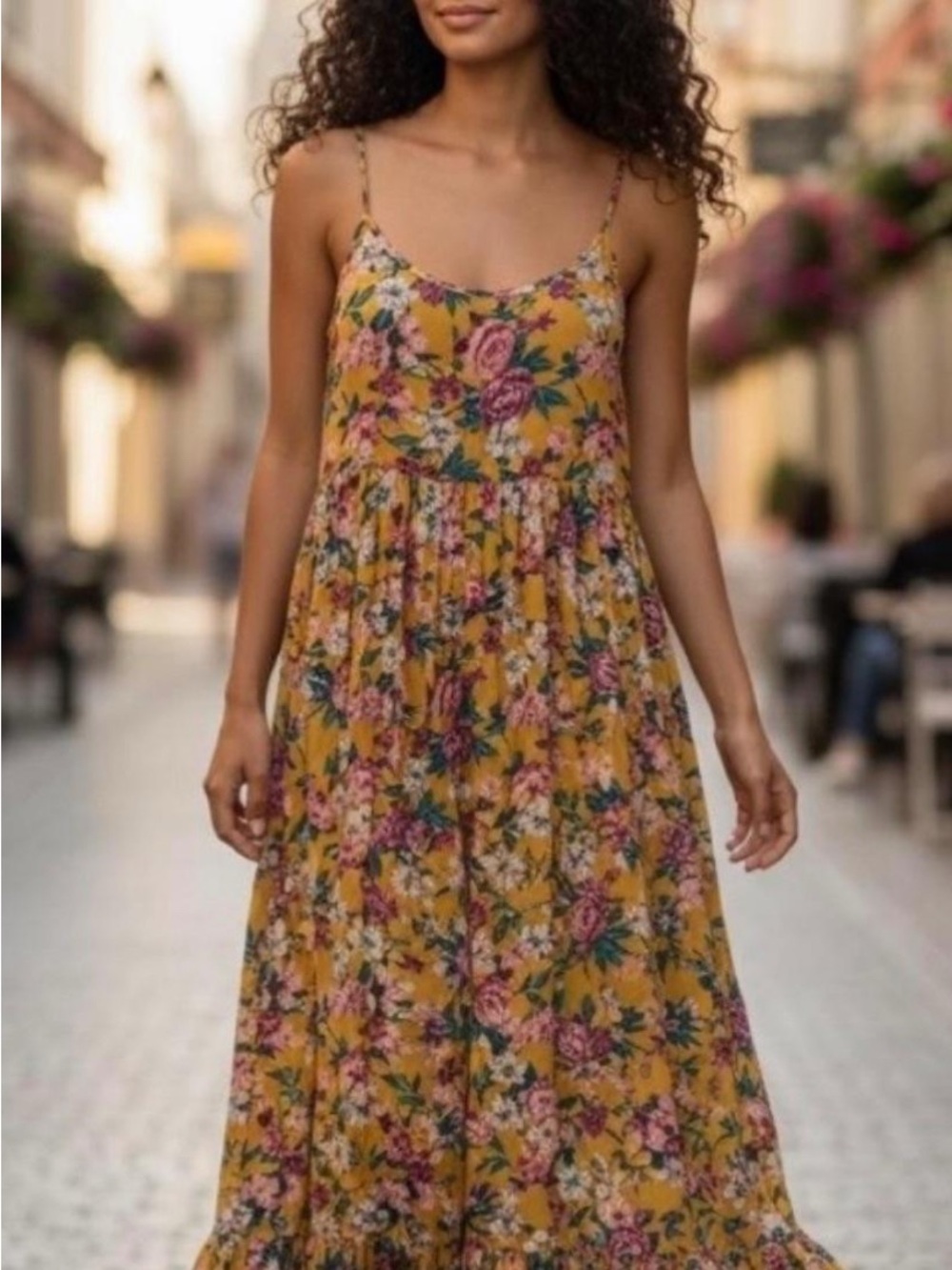 Xhilaration Mustard Floral Spaghetti-Strap Maxi Dress